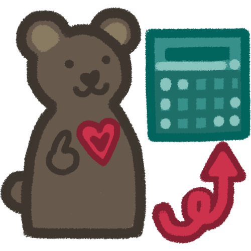 a brown bear pointing towards itself and looking to the right with a smile, there’s a red heart on its chest. to its right is a teal AAC tablet and a swirly red arrow pointing to it. 